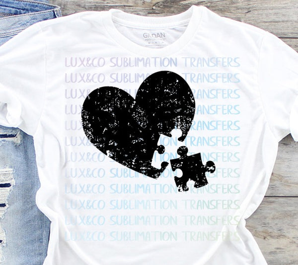 Distressed Heart Puzzle Piece Autism Sublimation Transfer