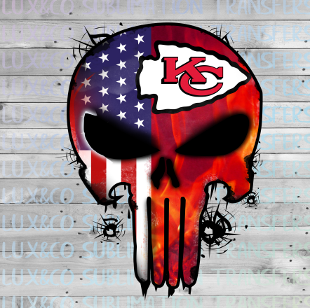 KC Chiefs Punisher Skull Football American Flag Sublimation Transfer