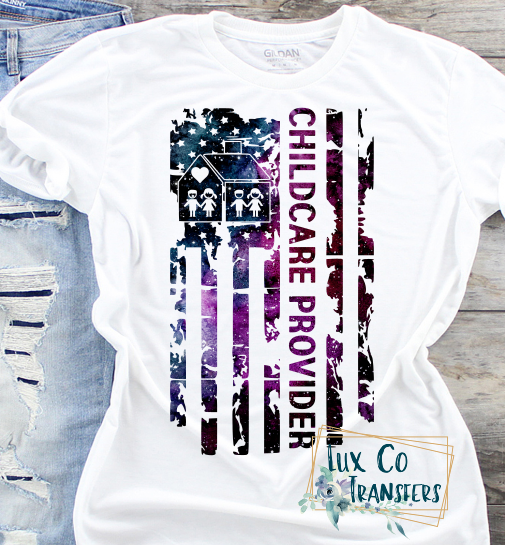 Child Care Provider Galaxy American Flag Sublimation Transfer