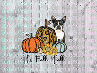 Its Fall Yall Pumpkin Sunflower Cheetah Dog Boston Terrier Sublimation PNG Digital Design