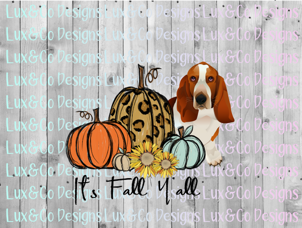 Its Fall Yall Pumpkin Sunflower Cheetah Dog Basset Hound Sublimation PNG Digital Design