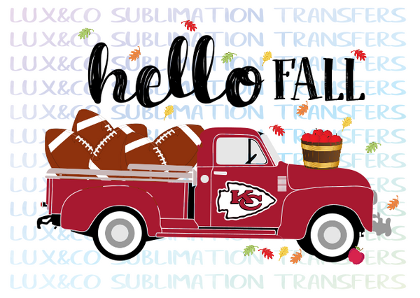 Hello Fall KC Chiefs Football Vintage Truck Sublimation Transfer