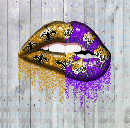 LSU Saints Split Glitter Dripping Lips Sublimation PNG Digital Design