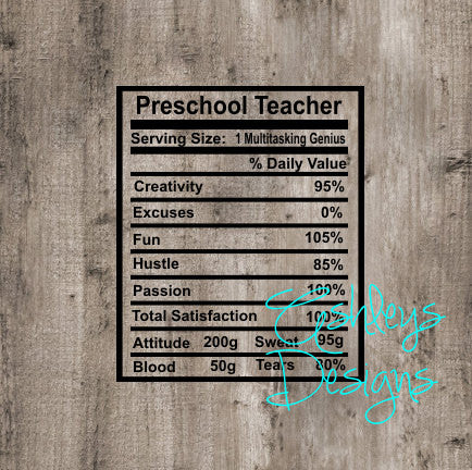 Preschool Teacher Nutrition Facts SVG File